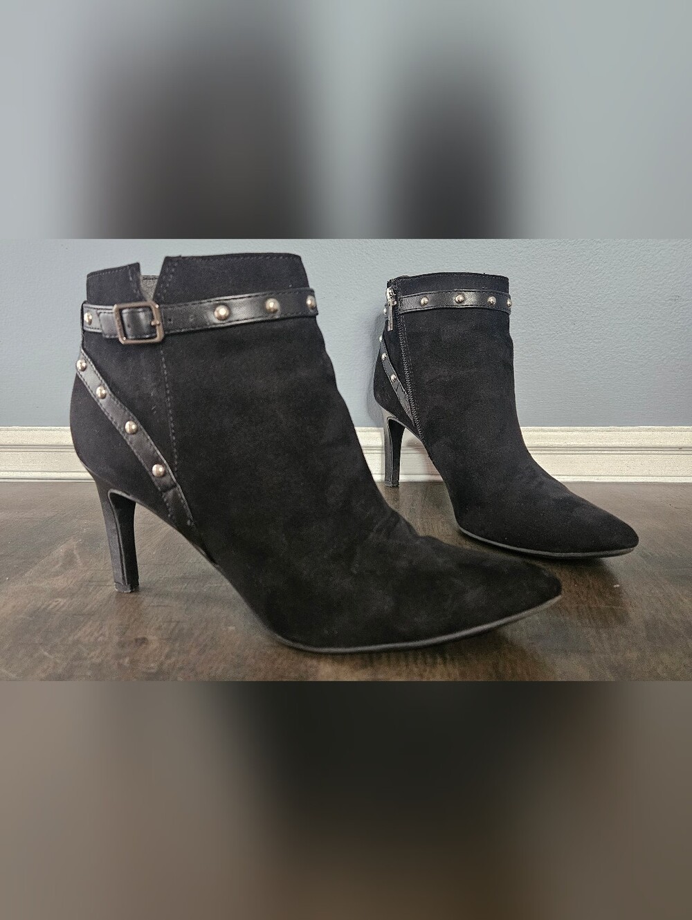 Black Suede Fairy Whimsigoth Studded Zip Pointy Heeled Boots 7.5